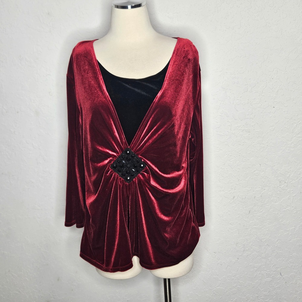 Elementz Women's XL Burgundy Red Velvet Beaded Layered V-Neck Blouse